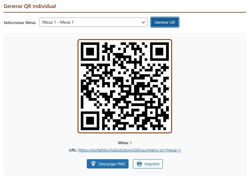 Selector de mesa con preview del codigo QR generado